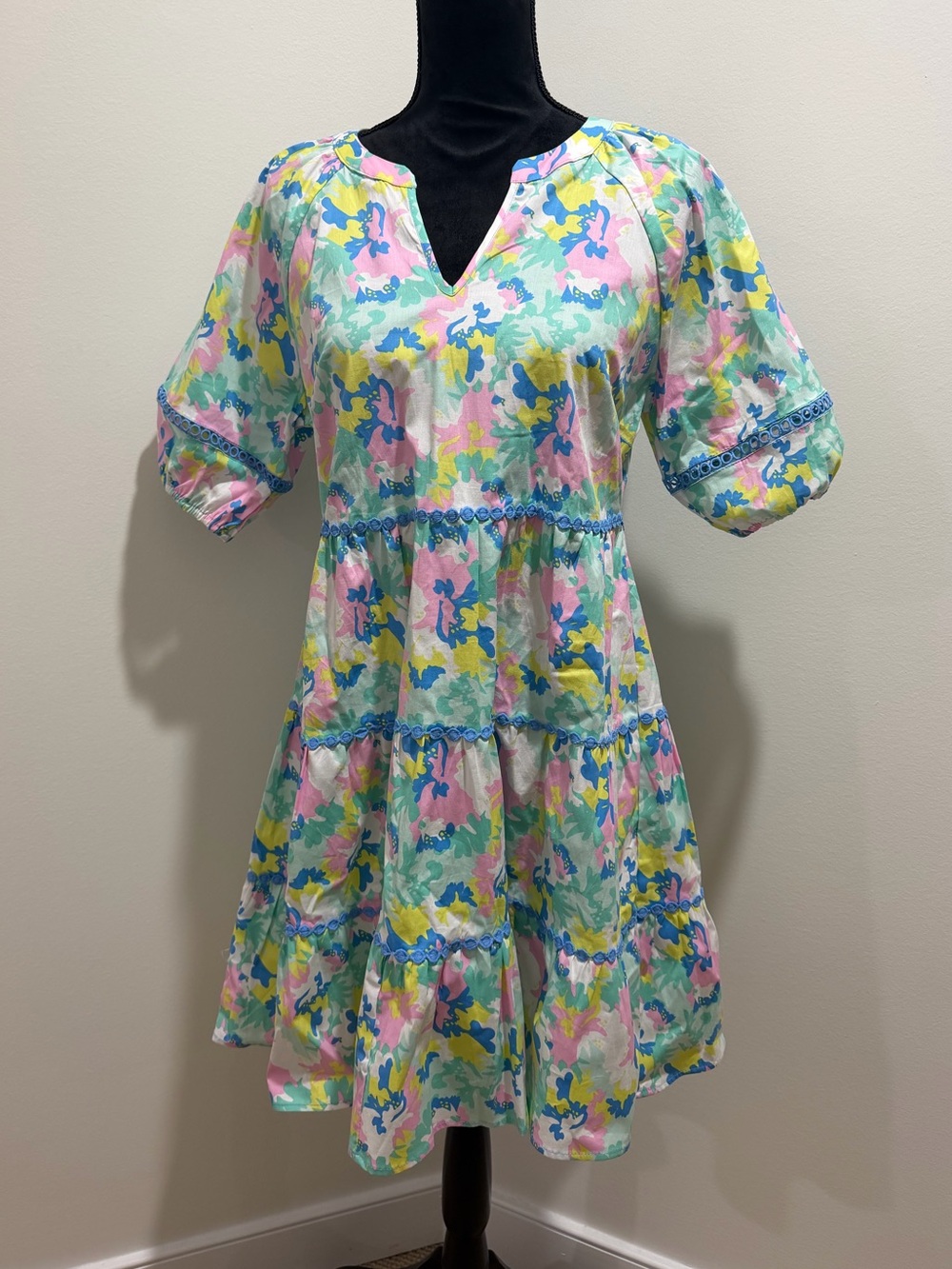 NWOT Michelle McDowell Floral Tiered Babydoll Dress Medium Cotton Puff Sleeve